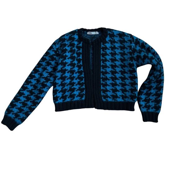 Zara Houndstooth Knit Open Front Cardigan Blue Black Size S NEW - Picture 4 of 4